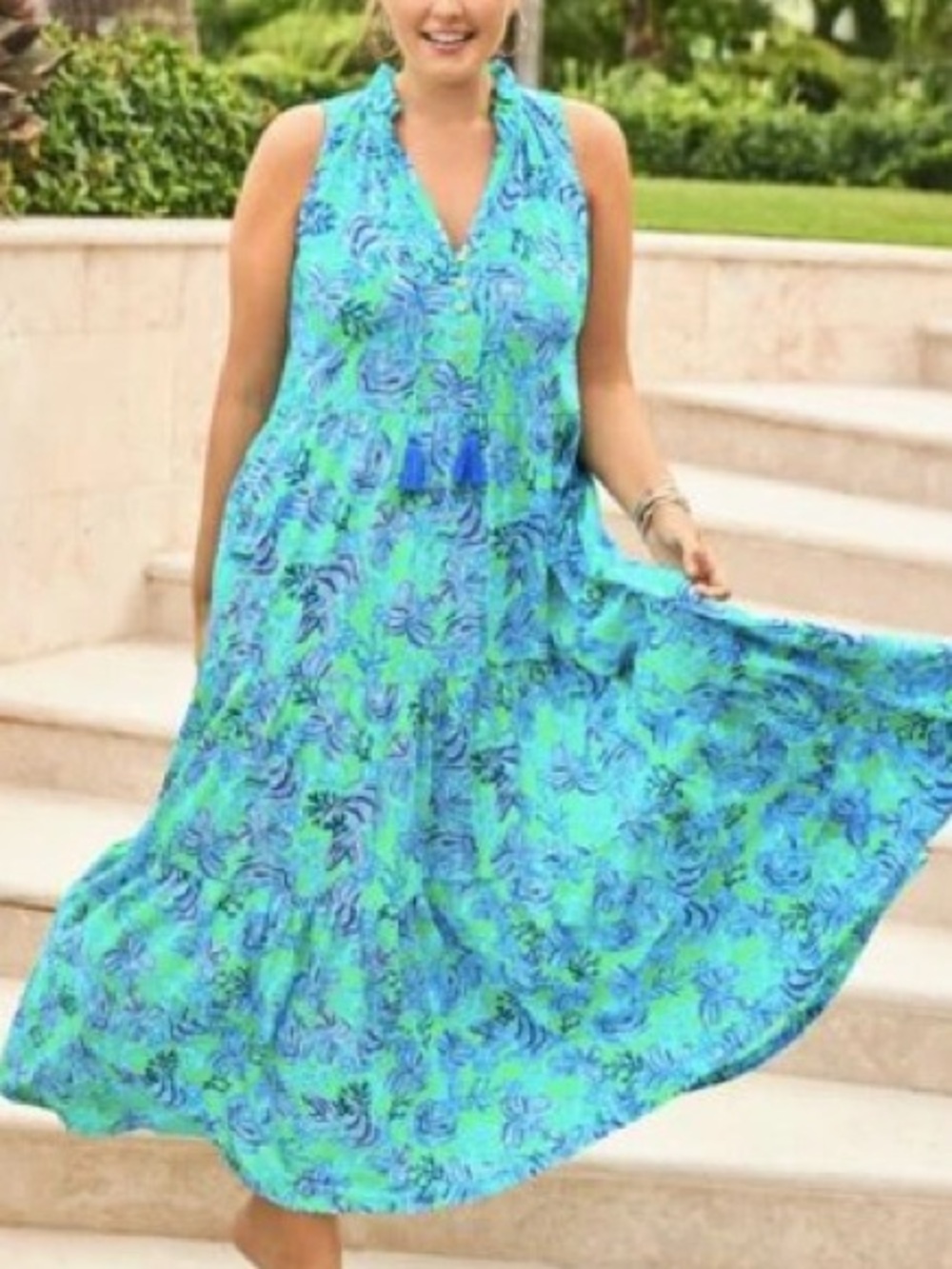 Lilly Pulitzer Malone Maxi Dress Cabana Green Keepin' It Reel XL Used